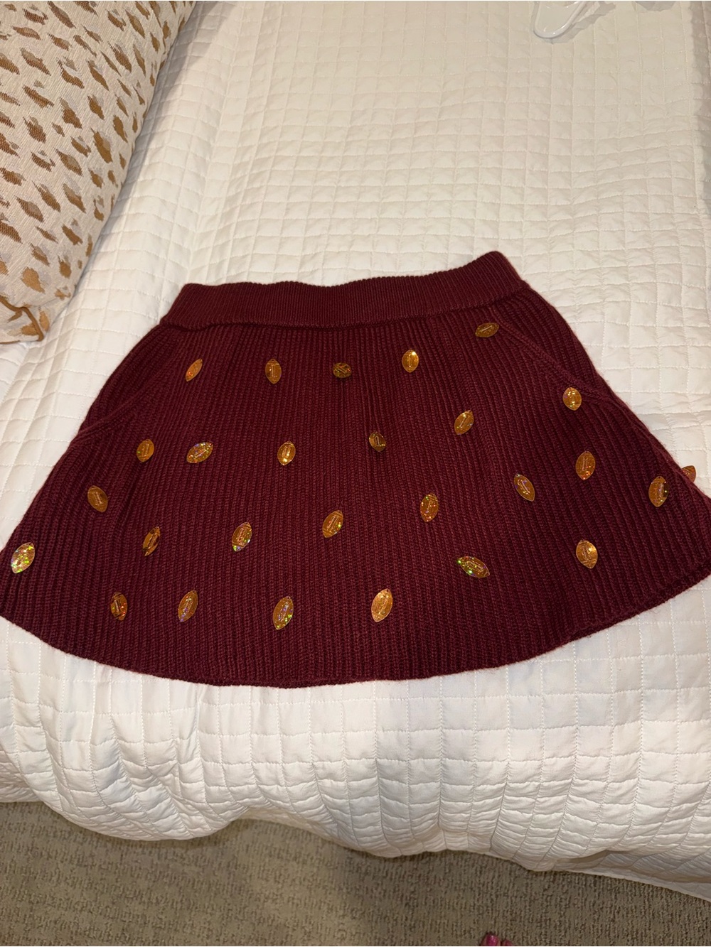 QUEEN OF SPARKLES Burgundy Knit Mini Skirt with Gold Footballs
